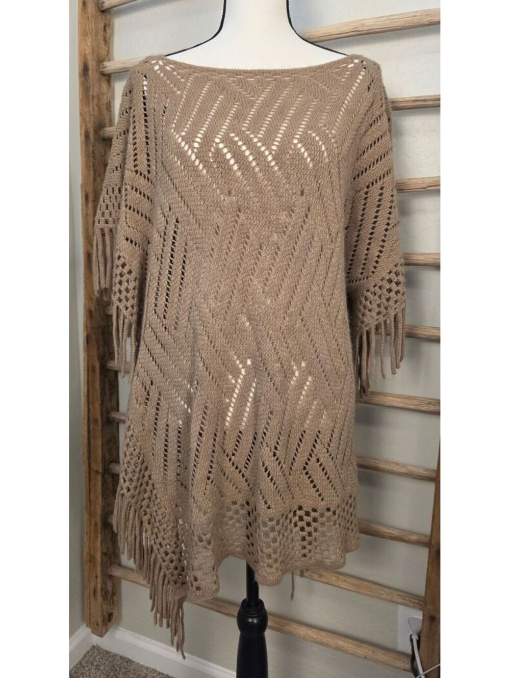 Steve Madden Taupe Crochet Fringe Poncho Sweater OSFM